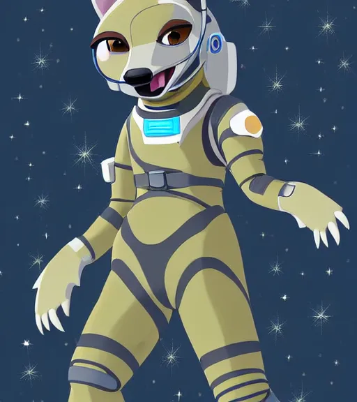 Prompt: digital detailed full body of anthromorphic female hyena, in style of zootopia, fursona, furry, furaffinity, 4 k, deviantart, wearing astronaut outfit, in style of zootopia, floating in space, space background, in deep space, dark background, hyena fursona, cyberpunk, female, stylized face,