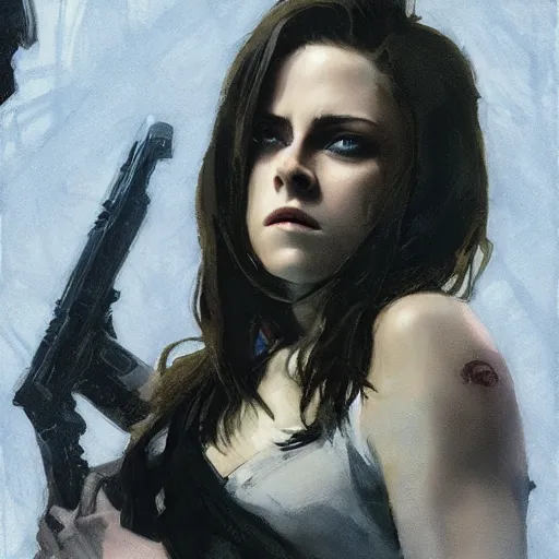 Prompt: kristen stewart as the winter soldier, intricate, elegant, highly detailed, greg manchess, mucha, liepke, ruan jia, jeffrey catherine jones, ridley scott