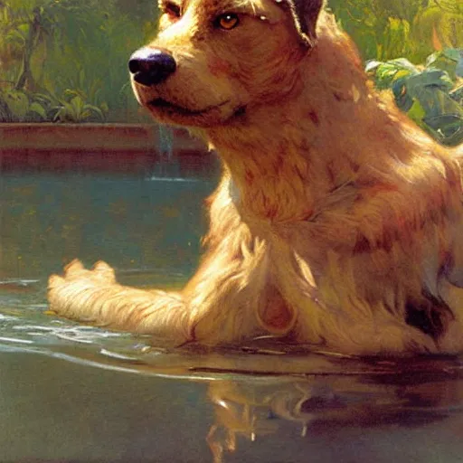 Prompt: a portrait of an very furry human with an animal's head in the pool, furry body, furry arms, furry legs, furry tail. highly detailed painting by gaston bussiere, craig mullins, j. c. leyendecker, furry