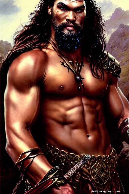 Image similar to beautiful portrait oil painting, jason momoa conan the barbarian thor standing on a rocky hill, wearing a warrior king crown and royal crimson fantasy ornate spartan dragon scale armor, wet skin and hair, muscular!!!, battle action pose, frank frazetta, boris vallejo, greg rutkowski, beautiful cinematic light, low angle, greg rutkowski, high contrast