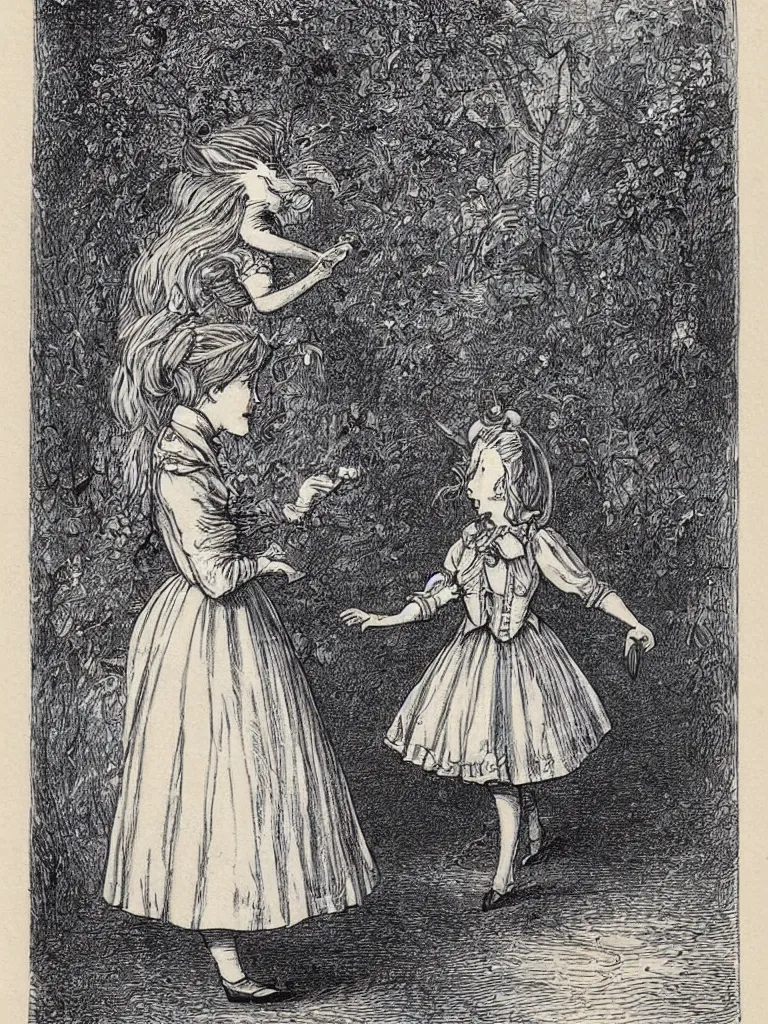 Image similar to Tenniel illustration portrait of Alice, walking in wonderland