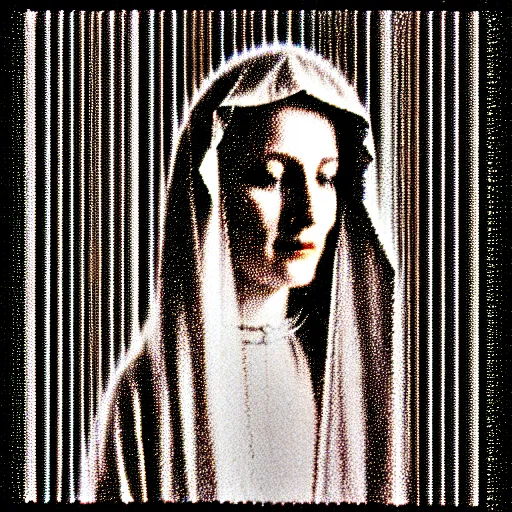 Image similar to vhs static overlay of marian apparition, vhs, 1 9 9 0, highly realistic, highly detailed, vhs noise static, black and white, vhs glitch