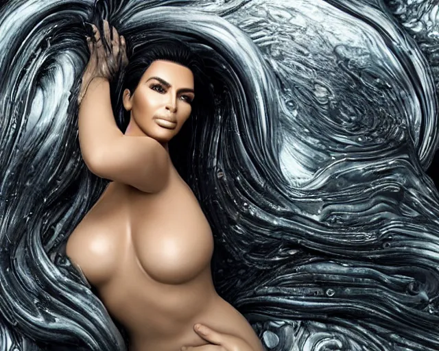 Prompt: epic full - body - shot still of kim kardashian unconscious in a transparent alien liquid, wet flowing hair, gooey skin, illustration, unreal engine 5, 8 k, made by h. r. giger.