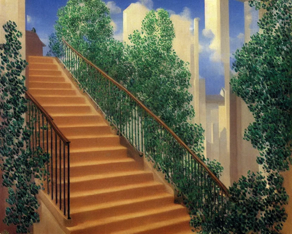 Prompt: achingly beautiful painting of a sophisticated, well - decorated, modern staircase by rene magritte, monet, and turner.