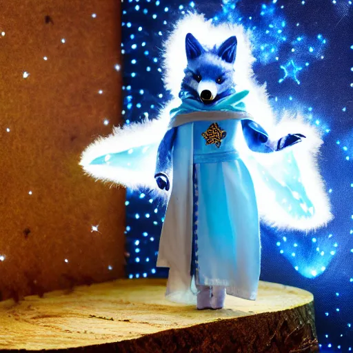 Prompt: stop motion starry blue fox druid wearing magic imbued cotton cloud mage robes with led lights stitched on the fabric to resemble stars, cinematic, cardboard house background, dust particles, god rays, led lights, dungeons and dragons, fantasy art, real life, photograph, national geographic, dynamic camera angle, macro camera shot