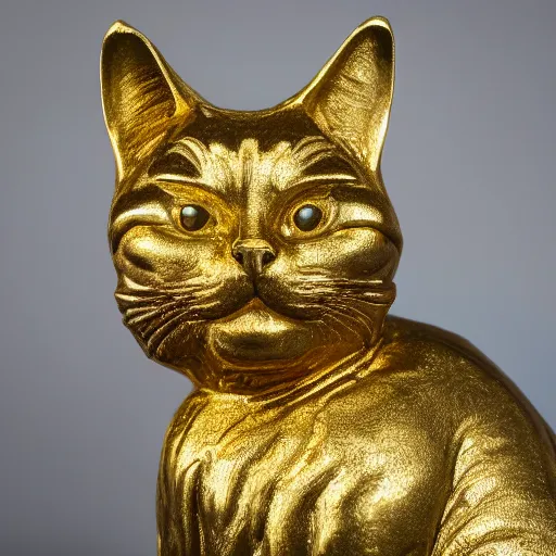 Prompt: A realistic sculpture of a regal cat made of gold, fine detail, hyperrealistic, XF IQ4, f/1.4, ISO 200, 1/160s, 8K, RAW, unedited, in-frame, sharpened