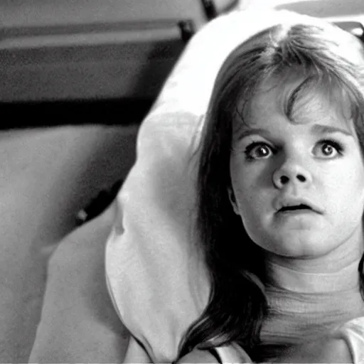 Image similar to young linda blair in the exorcist restrained in a hospital bed