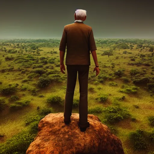 Image similar to old man standing on a rock overlooking the savanna, high detailed, super high resolution, realistic, concept art, artistic, octane render, masterpiece fine details