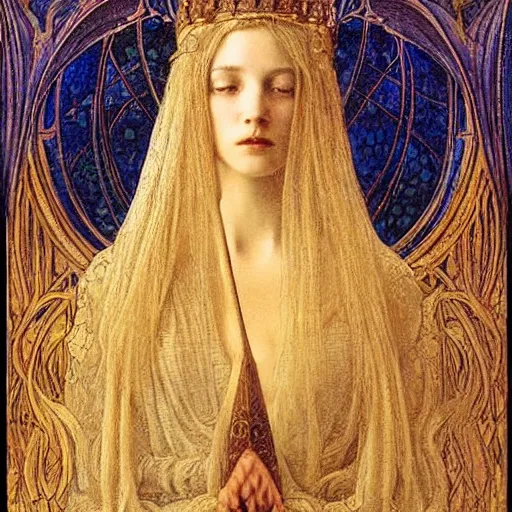 Image similar to a beautiful young medieval queen by jean delville, art nouveau, symbolist, visionary, gothic