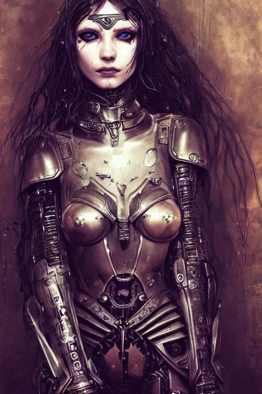 Image similar to portrait of beautiful young gothic maiden, cyberpunk armor, a lot of scars, warhammer, highly detailed, artstation, illustration, art by gustav klimt