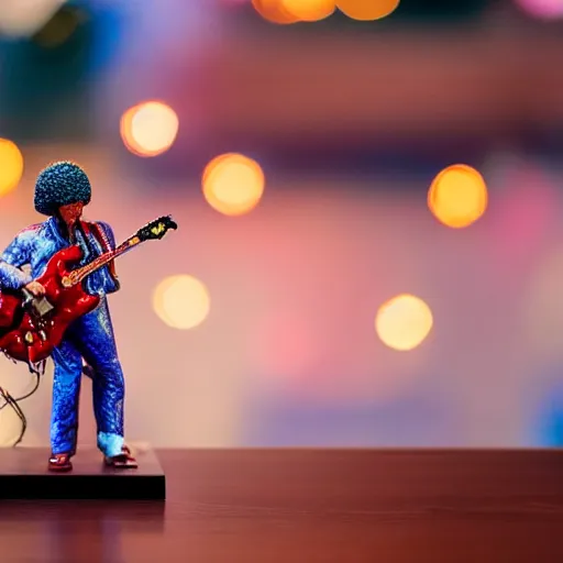 Image similar to close up of photo of Jimmy Hendrix bobble head holding a guitar on table top with fairy lights in the background, thin dof, soft lighting, realistic, swirly bokeh