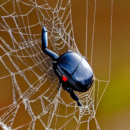 Prompt: a miniature volkswagen beetle hanging from a spider web. the spider can be seen in the background. very very very very very very very very very very very very very photorealistic. nature photography. macrophotography. NIKON D800E + 105mm f/2.8 @ 105mm, ISO 400, 1/1000, f/3.5