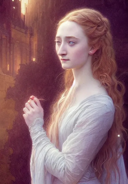 Image similar to sansa saoirse ronan, intricate, elegant, highly detailed, digital painting, artstation, concept art, smooth, sharp focus, illustration, art by artgerm and greg rutkowski and alphonse mucha and william - adolphe bouguereau