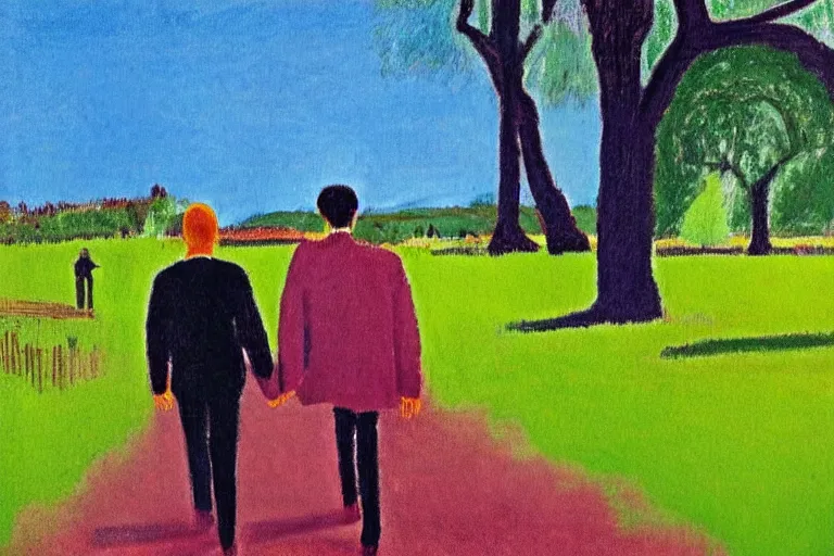 Prompt: a very tall man named John with dark hair holding the hands of a short young boy named Alex with dark hair as they walk in a park on a bright beautiful colorful day. part in the style of an edgar degas painting. part in the style of david hockney