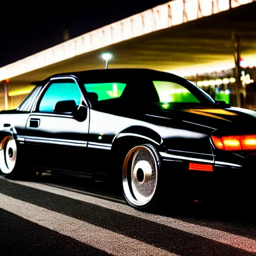 Prompt: a black 1990 Ford thunderbird sc at illegal car meet, Chiba prefecture, city midnight mist lights, cinematic color, photorealistic, highly detailed wheels, 50MM