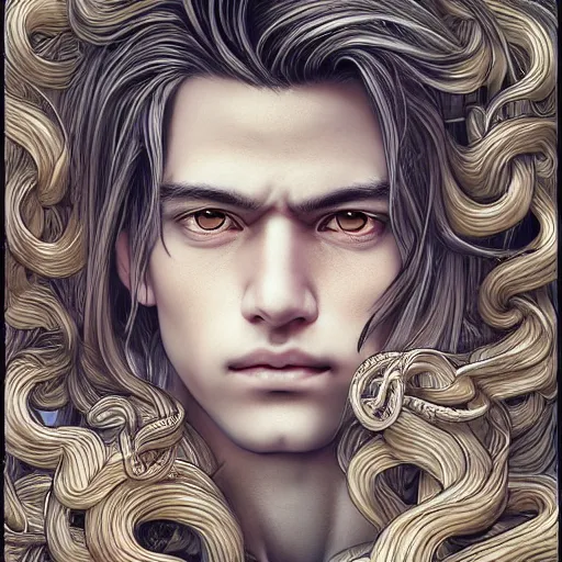Prompt: the portrait beautiful effeminate man long hair pale cover surrounded by white snakes, hyperrealistic anime illustration by kim jung gi, iralki nadar, extremely detailed intricate linework, reflective eyes, smooth, super sharp focus, bright colors, high contrast, matte, octopath traveler, unreal engine 5 highly rendered, global illumination, radiant light, 8 k