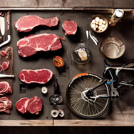 Image similar to full frame view bicycle constructed of meat, meat cycle, beef bike, flesh bicycle, glisten, oily, dripping, mechanical, food stylist, professional food photography, high gloss magazine spread, Bike shop, norco, cannondale, cyclepath,