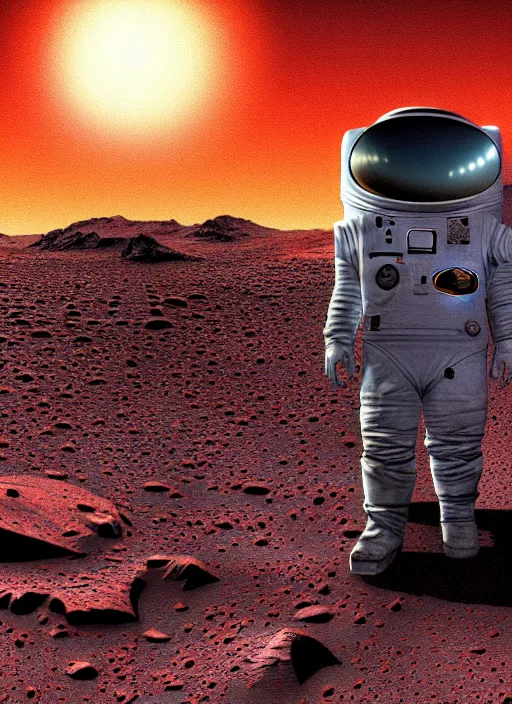 Prompt: detailed image of a creepy Elon Musk on the surface of Mars, by richard corben, rich deep colors. masterpiece . intricate artwork, very coherent symmetrical artwork, cinematic, hyper realism, high detail, octane render, unreal engine, 8k, Vibrant colors, Smooth gradients, High contrast, depth of field. by Katsuhiro Otomo, full body character drawing, inspired by Evangeleon, clean ink detailed line drawing, intricate detail, extremely detailed.