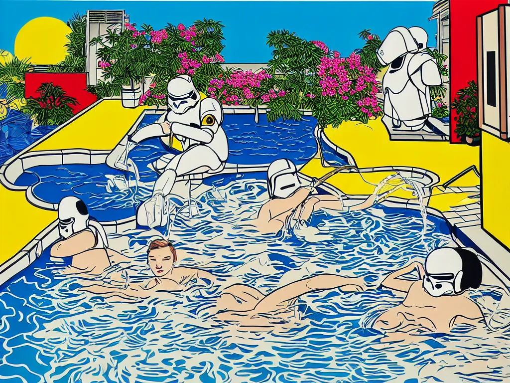 Image similar to hyperrealism composition of the japanese house with a hot springs in the garden, two detailed stormtroopers bathe in a hot spring, pop - art style, jacky tsai style, andy warhol style, roy lichtenstein style, acrylic on canvas