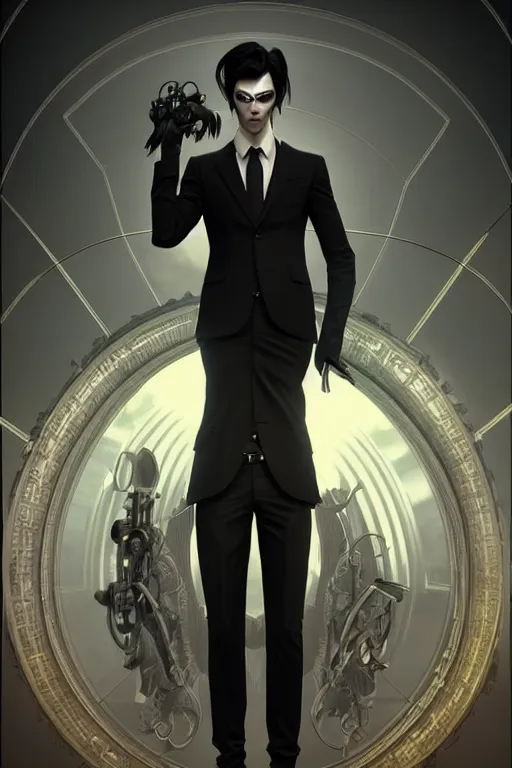 Image similar to ultra realistic, thin man in expensive modern business suit, black hair, brown eyes, occult jewelry, goth, fantasy, intricate details, eerie, highly detailed, octane render, 8 k, art by artgerm and alphonse mucha and greg rutkowski