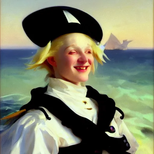 Image similar to painting of a cute albino female sailor woman with broad shoulders, flowing white hair, and a confident smile, ocean background. painting by john singer sargent and ivan aivazovsky, 4 k hd artstation