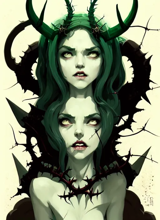 Prompt: cute succubus girl with crown of thorns and horns with runic tattoos, dark fantasy, by atey ghailan, by greg rutkowski, by greg tocchini, by james gilleard, by joe gb fenton, by in kaethe butcher, dynamic lighting, gradient light green, brown, blonde cream and white color in scheme, grunge aesthetic