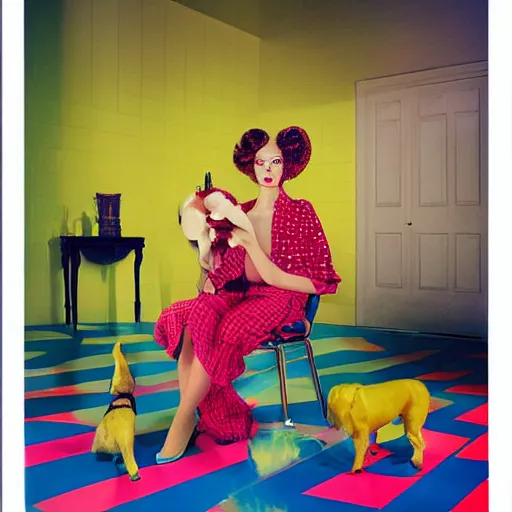 Image similar to a portrait of a beautiful fashion model that is curling her hair and hir dogs in the curls. surreal photograph, toiletpaper magazine, 3 5 mm photograph, colourful, by pierpaolo ferrari, maurizio cattelan, sandy skoglund, georges de la tour