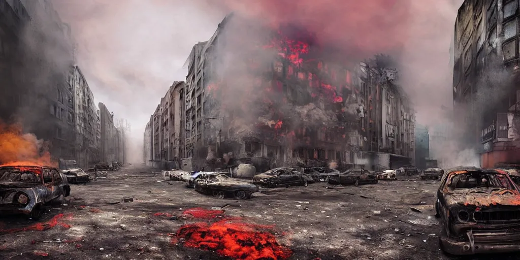 Image similar to post - apocalyptic kreuzberg streets covered in colorful smoke, burned cars, explosions, hyperrealistic, gritty, damaged, dark, urban photography, photorealistic, high details