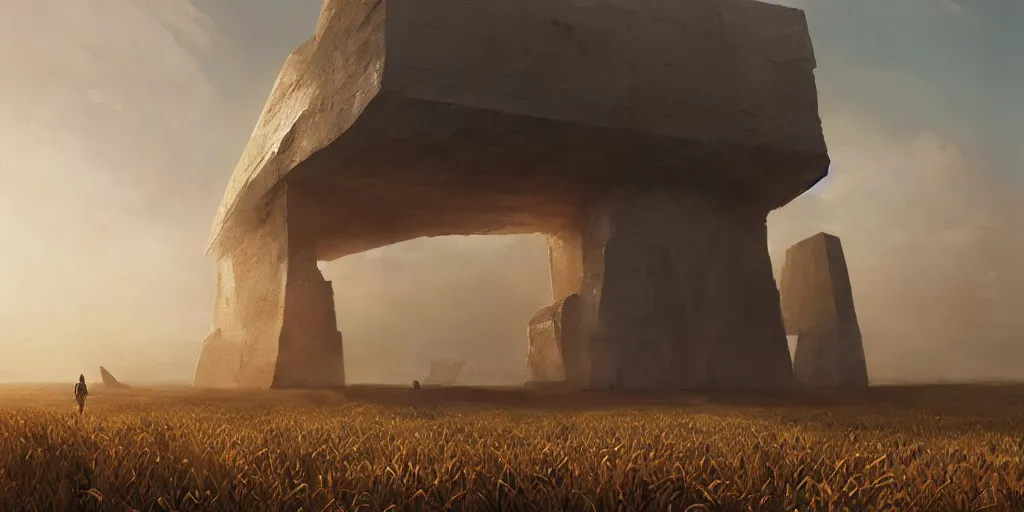 Prompt: wide shot of a monolithic structure suspended in the air high above a cornfield, late afternoon, golden hour, highly detailed, smooth, sharp focus, concept art by greg rutkowski and ruan jia