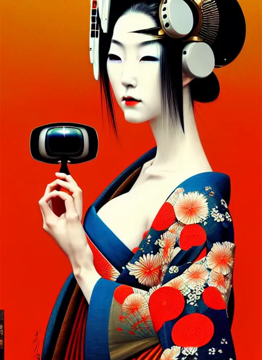 Image similar to sensual japanese geisha wearing vr eyepiece, intricate geisha kimono, robotic, android, cyborg, cyberpunk face, steampunk, fantasy, intricate, elegant, highly detailed, colorful, digital painting, cool warm lighting, artstation, concept art, art by artgerm and greg rutkowski and ruan jia,