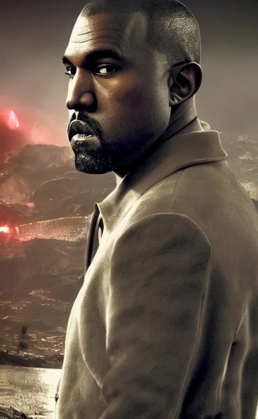 Image similar to Portrait of Kanye West as James Bond in Fallout New Vegas, splash art, movie still, cinematic lighting, dramatic, octane render, long lens, shallow depth of field, bokeh, anamorphic lens flare, 8k, hyper detailed, 35mm film grain