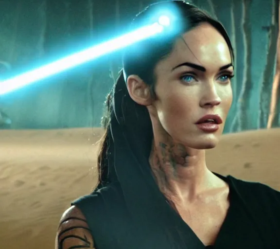 Prompt: Still of Megan Fox on the Jedi Council, Star Wars Unirverse, Cinematic Lighting, beautiful composition, 8K resolution