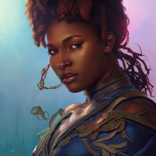 Image similar to portrait of a beautiful blackwomen fanatasy warrior MTG iluustration, intricate, headshot, highly detailed, digital painting, artstation, concept art, cinematic lighting, illustration, art by artgerm and greg rutkowski, alphonse mucha, cgsociety, science fiction