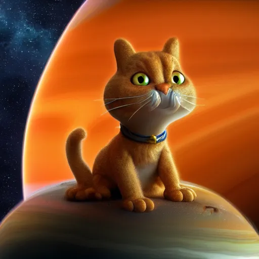 Prompt: Garfield floating in space, eating one of Saturn's rings, matte painting, detailed texture, zbrush, render, 4k