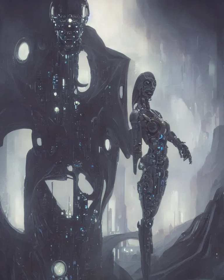 Image similar to a haunting ominous painting of a horrifying but beautiful cybernetic ghost in the style of brom, cyberpunk, artstation