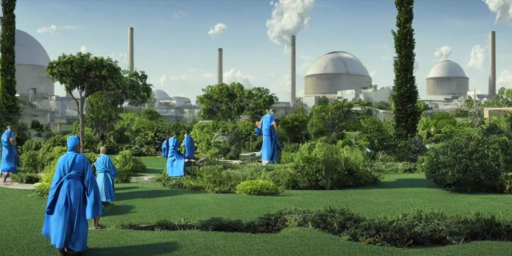 Prompt: verdant green Mediterranean garden based on the design of carlo scarpa in a megacity made of travertine temples, three monks wearing blue robes in the foreground, nuclear power station in the distance, sci-fi, light blue sky with clouds, optimistic matte painting, style by syd mead, 8k, octane render, photorealistic, hyperrealism