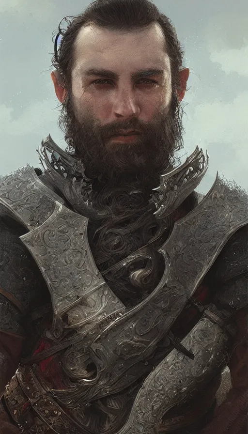 Prompt: Portrait of an old knight with a large sideburns, mutton chops, male, detailed face, fantasy, highly detailed, cinematic lighting, digital art painting by greg rutkowski