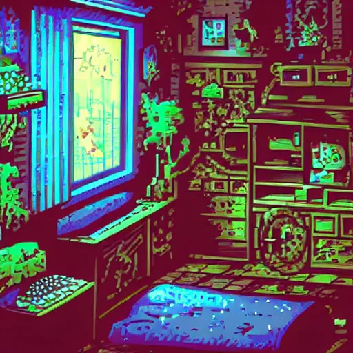 Prompt: 9 0 s bedroom, beautiful detailed pixel art, intricate details, beautiful, dithered gradients, volumetric lighting, cgsociety, artstation, smooth, sharp focus, 2 d illustration, old school computer game graphics, crpg, d & d, pixel art