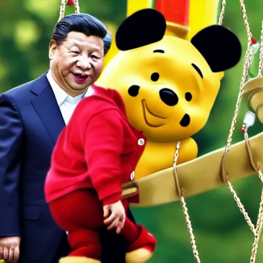 Prompt: xi jinping pushing winnie the pooh sitting on a swing
