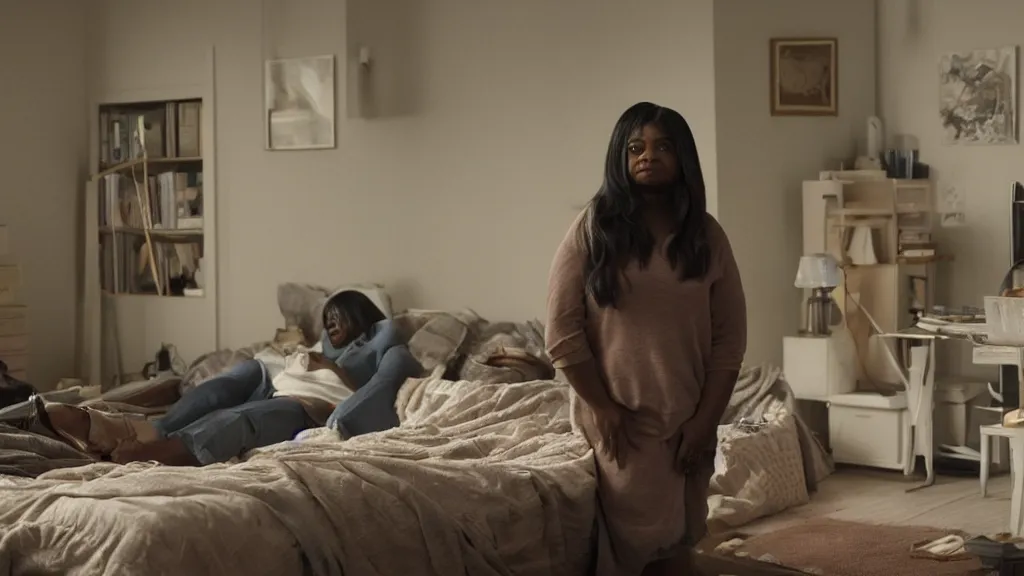 Image similar to stunning screenshot of Octavia Spencer alone in her studio apartment, moody, sad scene from the movie PT Anderson, she is plugged into the virtual world at night, art house, award winning film, portrait, 3D rendered lighting, stunning cinematography by Hoyte van Hoytema