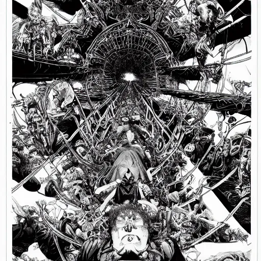 Image similar to 3 6 0 ° angle of a circus of madness and death by godmachine dzo olivier scott fischer yoji shinkawa moebius jean girard shintaro kago junji ito esoteric hypnogogic ethereal ethereality james gurney artstation gustave dore and greg rutowski