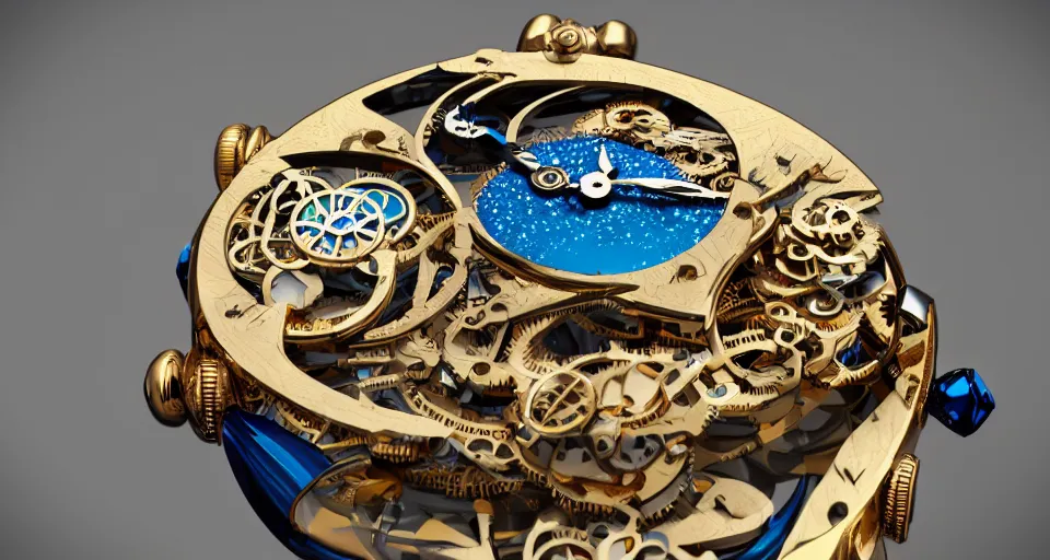 Image similar to a steampunk sleek, jewelled, tropical bird repeater watch by Jaquet Droz, highly detailed illustration highlights, gold and silver highlights, neon blue highlights, macro photography, F/2.8, trending on artstation, octane render