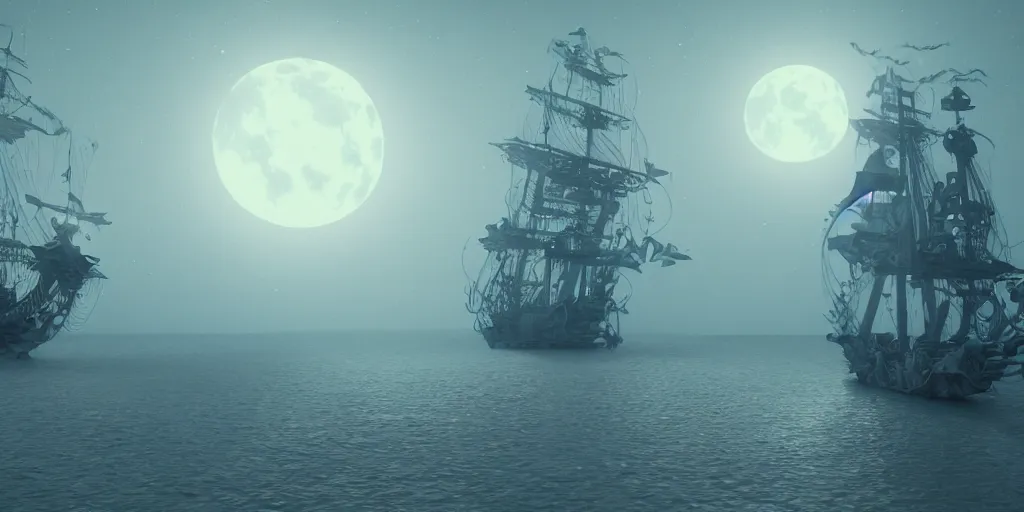 Image similar to ethereal ghost pirate ship at open sea at night, full moon behind it, 3 d art, octane render, 6 k, unreal engine