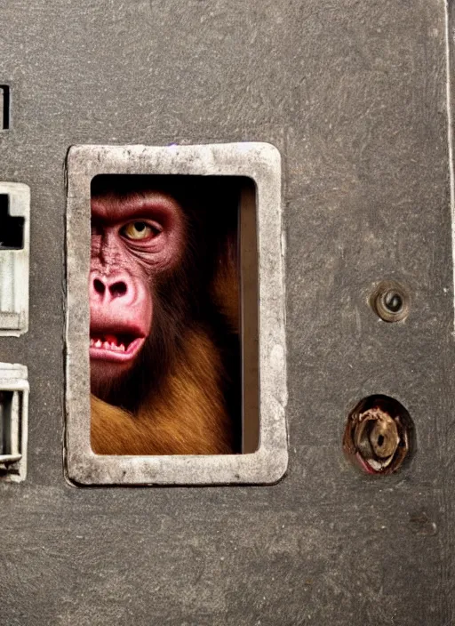 Image similar to scary half human half ape inside fuse box in post communist apartment building