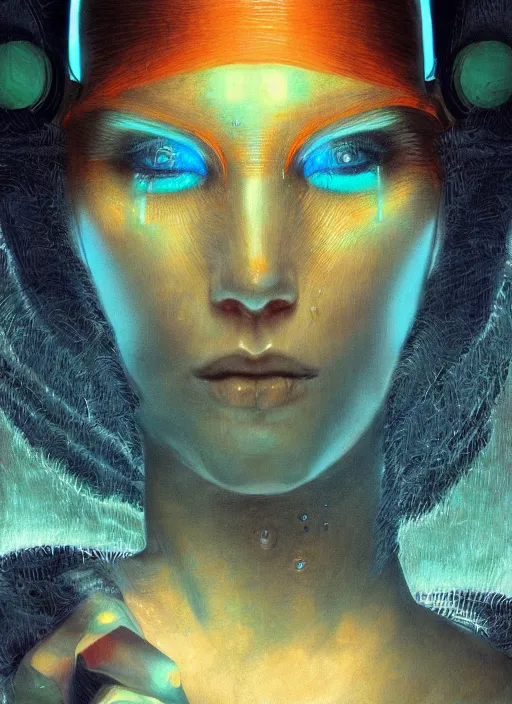 Prompt: ( ( symmetry ) ) closeup portrait of a stunning cyborg girl crying in tears, angular armor, strong cinematic light, backlit, teal orange, viscous volumetric smoke, mist, by gerald brom, by mikhail vrubel, by peter elson, muted colors, extreme detail, trending on artstation, 8 k