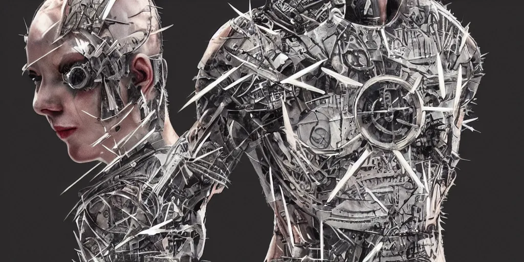 Image similar to realistic futuristic distopic detroy cyberpunk hellraiser tattoo cyborg clean design by apple , character sheet, Greg Rutkowski, Zabrocki, Karlkka, Jayison Devadas, Phuoc Quan, trending on Artstation, 8K, tsutomu nihei, giger , zenith view, pincushion lens effect.