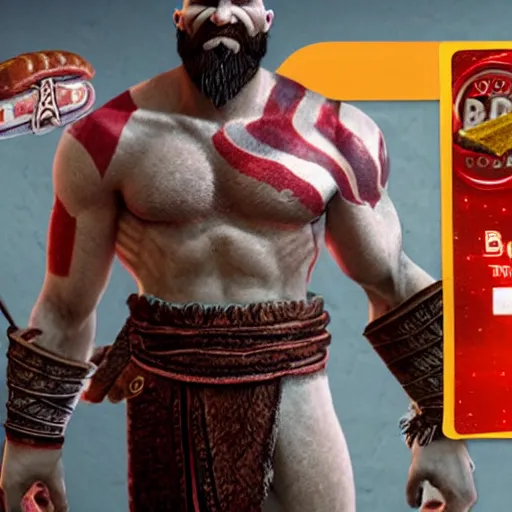 Prompt: kratos from god of war ordering a burger and a soda