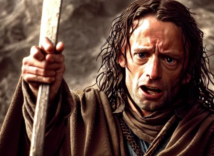 Image similar to film still of bernie sanders as aragorn in lord of the rings movie, 8 k