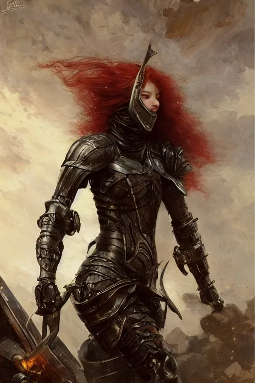 Prompt: muscular redhead young woman wearing black medieval armour, detailed, by gaston bussiere, bayard wu, greg rutkowski, giger, maxim verehin, greg rutkowski, masterpiece, sharp focus, cinematic lightning