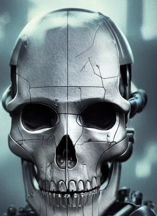 Image similar to 2 8 mm macro photo of metal skull half covered face with cybernetic enhancements as seen from a distance, scifi character portrait by greg rutkowski, canon 5 0 mm, film, photography, esuthio, craig mullins, 1 / 4 headshot, cinematic lighting, dystopian scifi gear, gloomy, profile picture, mechanical, half robot, implants, solarpunk